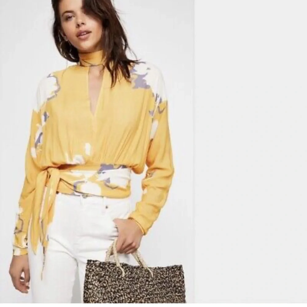 Free People Say You Love Me Yellow Floral Side Tie Blouse Sz M - Picture 5 of 12